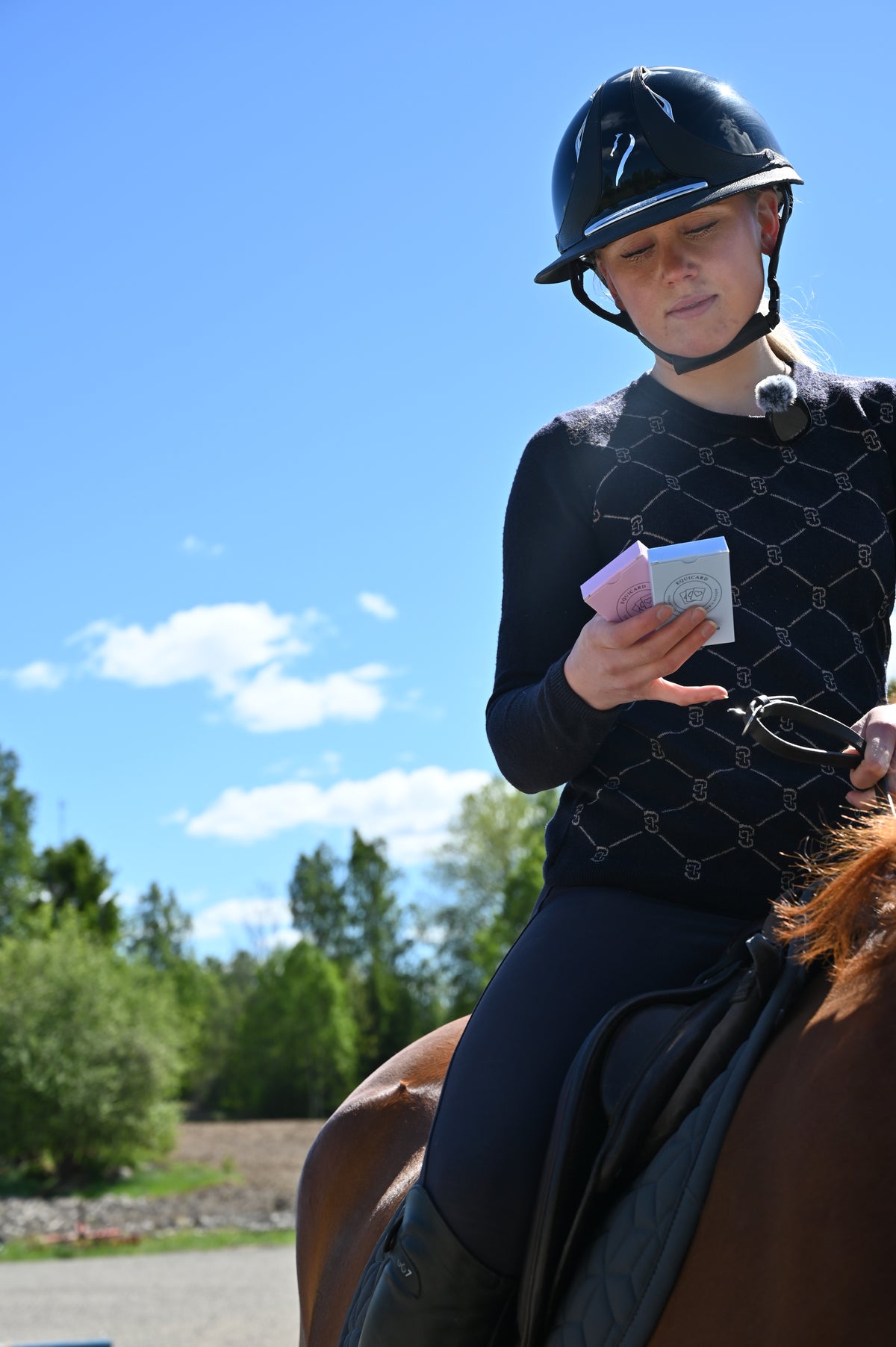 Ryttare på en häst håller upp kortlekar från Equicard.