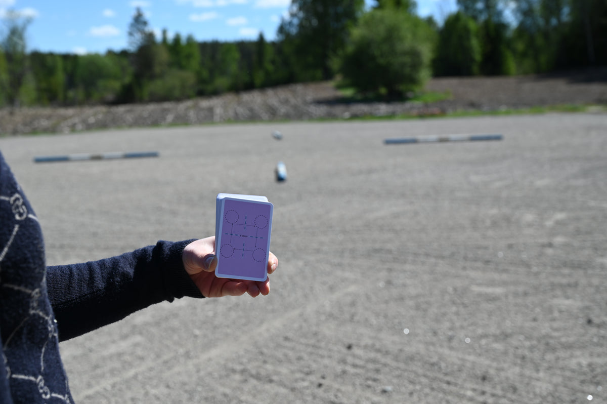 Ryttare visar upp Equicard Hopp & Bomövningar, en kortlek med ridövningar.